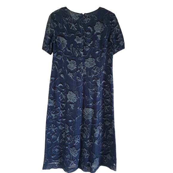 Vintage Burberrys Linen Blend Floral Midi Dress Navy Size 16 Short Sheer Sleeves - Picture 3 of 7
